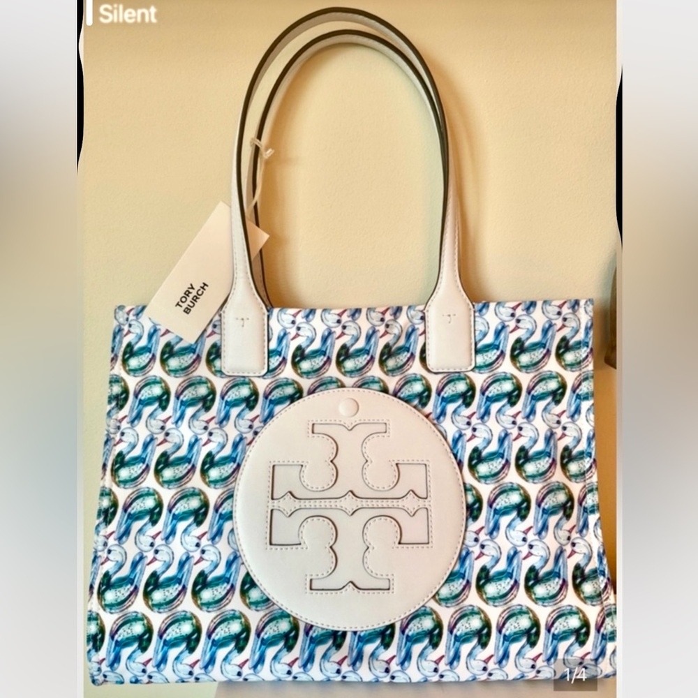 Tory Burch Ella Printed Tote in White and Aqua Multi NWT